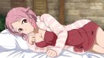  1girl bed_sheet bow breasts cardigan cleavage collarbone dress game_cg grey_bow hair_bow indoors large_breasts lisbeth looking_at_viewer lying on_side open_cardigan open_clothes pillow pink_cardigan pink_hair red_dress red_eyes short_dress short_hair smile solo sword_art_online 