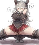  1girl armor armpits bangs boots breasts doraf elbow_gloves gloves gluteal_fold granblue_fantasy grey_hair hair_between_eyes horns large_breasts long_hair noconol sarasa_(granblue_fantasy) skirt spread_legs squatting thigh-highs thigh_boots 