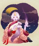  1girl bracelet clouds crescent_moon curasheep horn jewelry kneeling league_of_legends lipstick long_hair looking_at_viewer makeup moon nail_polish night night_sky pointy_ears purple_skin red_nails sky solo soraka white_hair wide_sleeves yellow_eyes 