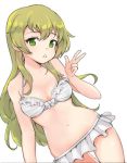  1girl bikini bikini_skirt blonde_hair breasts bright_pupils carpaccio cleavage cowboy_shot dutch_angle frilled_bikini frills girls_und_panzer green_eyes head_tilt jorin long_hair looking_at_viewer medium_breasts navel parted_lips simple_background solo swimsuit w white_background white_bikini white_pupils 