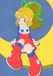  1girl bangs blonde_hair blue_background blue_shirt blush_stickers boots closed_mouth commentary_request crescent_moon dress full_body green_eyes green_ribbon hair_ribbon knee_boots long_hair long_sleeves looking_to_the_side moon panties pantyshot pantyshot_(sitting) ponytail red_boots red_dress ribbon rockman rockman_(classic) roll sashisaki_ryuunoshin shirt sidelocks sitting smile solo striped striped_panties undershirt underwear 
