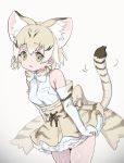  1girl animal_ears bangs bare_shoulders blonde_hair bow bowtie cat_ears cat_tail cowboy_shot elbow_gloves eyebrows_visible_through_hair gloves hana-kagume kemono_friends multicolored_hair sand_cat_(kemono_friends) shirt short_hair simple_background skirt sleeveless sleeveless_shirt solo striped_tail tail white_background yellow_eyes 