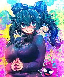  1girl al_bhed_eyes alternate_hairstyle blue_eyes blush breasts double_bun dripping fingers_together ghastly gradient_eyes hakkasame hex_maniac_(pokemon) large_breasts long_hair looking_at_viewer messy_hair multicolored multicolored_eyes nail_polish plump pokemon purple_hair purple_nails ribbed_sweater smile sweat sweater sweating violet_eyes wavy_mouth 