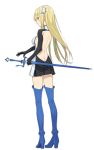  1girl aiz_wallenstein backless_outfit bare_back blonde_hair blue_boots blue_legwear boots dungeon_ni_deai_wo_motomeru_no_wa_machigatteiru_darou_ka from_behind full_body hayashi_kewi highres long_hair looking_at_viewer looking_back ready_to_draw solo standing sword thigh-highs thigh_boots weapon yellow_eyes 