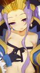 1girl bare_shoulders black_ribbon blush bracer breasts clothes_down collarbone covering covering_breasts earrings facial_mark fang fate/grand_order fate_(series) fengguan forehead_mark gloves groin hair_ornament head_tilt headpiece highres izuoku jewelry lavender_hair looking_at_viewer navel nose_blush open_mouth ribbon ribbon_bra sidelocks small_breasts solo stomach upper_body violet_eyes wu_zetian_(fate/grand_order) 