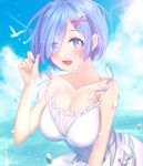  1girl bare_shoulders bird blue_eyes blue_hair blush breasts cleavage clouds collarbone cowboy_shot dress eyebrows_visible_through_hair eyes_visible_through_hair hair_ornament hair_over_one_eye hair_ribbon hairclip large_breasts looking_at_viewer o_yat open_mouth outdoors re:zero_kara_hajimeru_isekai_seikatsu rem_(re:zero) ribbon short_hair sky smile solo standing x_hair_ornament 