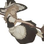  1girl absurdres apron blonde_hair blue_eyes bow braid broom floating frills hat hat_bow highres kirisame_marisa long_hair looking_at_viewer looking_back season_(artist) side_braid single_braid smile solo touhou waist_apron white_background white_legwear witch_hat 