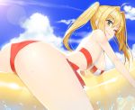  (tat) 1girl ass blonde_hair breasts clouds fate/grand_order fate_(series) green_eyes lens_flare long_hair looking_at_viewer looking_to_the_side medium_breasts nero_claudius_(swimsuit_caster)_(fate) red_swimsuit saber_extra smile solo striped striped_swimsuit swimsuit thighs twintails water white_swimsuit 