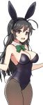  1girl :d ahoge animal_ears bare_shoulders black_hair blue_eyes bow bowtie breasts bright_pupils brown_legwear bunny_girl bunny_tail bunnysuit cleavage covered_navel cowboy_shot detached_collar fake_animal_ears girls_und_panzer hairband isuzu_hana jorin large_breasts leotard long_hair open_mouth pantyhose simple_background smile solo tail white_background white_pupils 