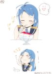  &gt;_&lt; 1girl 2koma blue_eyes brain_freeze closed_eyes comic commentary_request eating food heart highres kantai_collection mae_(maesanpicture) samidare_(kantai_collection) shaved_ice spoken_heart twitter_username white_background 