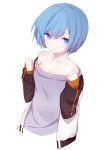  1girl absurdres blue_eyes blue_hair borrowed_garments breasts cleavage clenched_hands cosplay hair_ornament highres jacket looking_at_viewer medium_breasts natsuki_subaru natsuki_subaru_(cosplay) off-shoulder_shirt off_shoulder re:zero_kara_hajimeru_isekai_seikatsu rem_(re:zero) shirt short_hair slyvia smile solo track_jacket upper_body x_hair_ornament 