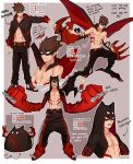  1boy adonis_belt baggy_pants bare_chest boku_no_hero_academia bunker directional_arrow english fang fang_out male_focus mask multiple_views nipples no_pupils open_mouth original pants pointy_ears spiky_hair superhero zhineart 