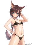 1girl animal_ears arm_up bangs bikini black_bikini blue_eyes bracelet breasts brown_hair closed_mouth commentary_request eyebrows_visible_through_hair frilled_bikini frills fur_trim hand_in_hair highres jewelry long_hair looking_at_viewer navel original rabidhowl red_ribbon ribbon simple_background small_breasts solo standing swimsuit tail twintails twitter_username white_background 