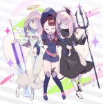  3girls alternate_costume angel angel_and_devil angel_wings boots brown_hair demon_girl demon_tail demon_wings evil_smile hair_over_one_eye halo hat kagari_atsuko komoreg little_witch_academia locked_arms long_hair multiple_girls multiple_persona polearm red_eyes smile sucy_manbavaran sweatdrop syringe tail trident twitter_username weapon white_pupils wings witch witch_hat 