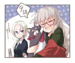  2girls :d =_= animal animal_hug blue_eyes blush cat cellphone character_request closed_eyes commentary episode_number formal glasses green_hair grey_hair hair_over_shoulder hug long_hair low_ponytail multiple_girls new_game! official_art open_mouth paw_print phone red-framed_eyewear semi-rimless_glasses smile suit sweatdrop tokunou_shoutarou translation_request |d 