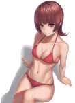  1girl active_raid arm_support bikini brown_hair flipped_hair highres kazari_asami looking_at_viewer navel ranma_(kamenrideroz) red_bikini shadow short_hair simple_background siting smile solo swimsuit violet_eyes white_background 