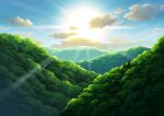  blue_sky clouds commentary_request day forest hariken hill nature no_humans outdoors scenery sky sun sunlight sunrise 