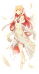  1girl animal_ears anklet barefoot brown_hair dress eyebrows_visible_through_hair feathers full_body grey_dress hand_in_hair highres holo jewelry long_hair red_eyes simple_background sleeveless sleeveless_dress solo spice_and_wolf tail very_long_hair white_background wolf_ears wolf_tail 