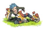  1boy baby_panther biting blue_eyes blue_hair boots camus_(dq11) dated dragon_quest dragon_quest_xi fingerless_gloves gloves grass jewelry kinako_(462) looking_down male_focus necklace short_hair simple_background spiky_hair white_background 