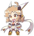  1girl :d brown_eyes brown_hair chibi full_body headgear midriff mutsuki_riichi navel no_nose open_mouth orange_eyes senki_zesshou_symphogear short_hair simple_background smile solo tachibana_hibiki_(symphogear) white_background 