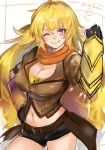  1girl ;d artist_name belt breasts cleavage fingerless_gloves gauntlets gloves highres isshiki_(ffmania7) long_hair looking_at_viewer navel one_eye_closed open_mouth orange_scarf rwby scarf shorts simple_background smile solo teeth white_background yang_xiao_long 