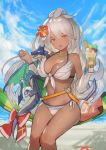  1girl ahoge bare_shoulders beach bikini bird blue_sky blush bow breasts cleavage clouds cup dark_skin day dragon flower food front-tie_bikini front-tie_top granblue_fantasy hair_between_eyes hair_flower hair_ornament hammock hibiscus ice_cream jacket large_breasts long_hair looking_at_viewer ocean off_shoulder open_mouth outdoors parfait pillow red_eyes reido_(reido_c) ribbon sand side-tie_bikini sitting sky smile solo swimsuit tail tail_bow tail_ribbon the_order_grande water white_bikini white_hair 