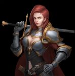  1girl absurdres armor belt black_background breasts closed_mouth gauntlets green_eyes hand_on_hip highres holding holding_sword holding_weapon knight large_breasts long_hair maku_kaisei original pauldrons realistic redhead sheath simple_background solo sword weapon 