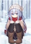  1girl alternate_costume beanie black_legwear black_skirt blue_eyes eyebrows_visible_through_hair hair_between_eyes hat hibiki_(kantai_collection) highres jacket kantai_collection long_hair long_sleeves mittens outdoors pleated_skirt red_scarf reitou_mikan scarf silver_hair sitting skirt snow snowflakes solo 