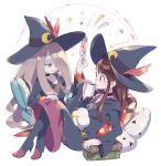  2girls black_choker black_dress black_hat book brown_hair card choker coffee dress drink drinking eye_contact feathers female friends full_body grey_hair grin hair_over_one_eye half-closed_eyes hat highres kagari_atsuko knees_up komoreg little_witch_academia long_hair looking_at_another multiple_girls open_mouth pale_skin pillow pink_hair red_eyes short_hair simple_background sitting smile sucy_manbavaran witch witch_hat yuri 