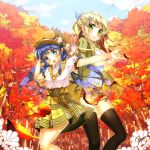  1girl :d autumn_leaves black_legwear blue_eyes blue_hair blue_sky blush bow braid breasts brown_hair clouds crown_braid day earrings fairy_tail green_eyes hair_bow hair_ornament hairclip hat hat_bow heart heart_earrings jacket jewelry leaf lucy_heartfilia open_mouth outdoors outstretched_arm plaid skirt sky small_breasts smile standing thigh-highs tree wendy_marvell yellow_skirt zero_(fairytail) 