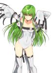 1girl adapted_costume arms_up breasts c.c. code_geass collarbone covered_navel creayus expressionless eyebrows_visible_through_hair female green_hair hair_between_eyes highres jacket legs leotard long_hair long_sleeves looking_at_viewer medium_breasts navel neck sidelocks simple_background solo standing strapless strapless_leotard thigh-highs white_background white_jacket white_legwear white_leotard white_sleeves yellow_eyes 