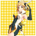  1girl 5iz0 armpits arms_behind_head arms_up bare_shoulders black_gloves bodysuit breasts closed_mouth elbow_gloves eyebrows_visible_through_hair female gloves hair_ornament hairclip headgear headphones highres large_breasts light_brown_hair lips looking_at_viewer orange_eyes senki_zesshou_symphogear short_hair smile solo tachibana_hibiki_(symphogear) yellow_background 