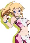  1girl bare_shoulders bike_shorts blue_eyes gundam gundam_build_fighters gundam_build_fighters_try hoshino_fumina long_hair looking_at_viewer mutsuki_riichi ponytail powered_gm_cardigan scrunchie smile solo sports_bra 