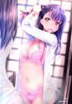  1girl absurdres bangs blurry bra breasts cleavage cowboy_shot depth_of_field dutch_angle fate/stay_night fate_(series) from_behind highres indoors long_sleeves matou_sakura medium_breasts mikazuki_akira! mirror mouth_hold navel open_clothes open_shirt page_number panties pink_bra pink_panties purple_hair reflection ribbon_in_mouth scan see-through shirt solo tying_hair underwear violet_eyes 