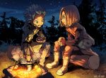  2boys blue_hair bob_cut boots brown_hair campfire camus_(dq11) dated dragon_quest dragon_quest_xi earrings eating food forest grass hero_(dq11) jewelry kinako_(462) log looking_at_another male_focus multiple_boys nature night rock short_hair sitting smile soup 