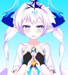  +_+ 1girl blue_background blue_eyes blush bridal_gauntlets carlos_daniel crown elsword gradient gradient_background hair_ornament horns long_hair looking_at_viewer luciela_r._sourcream noblesse_(elsword) open_mouth pointy_ears solo sweatdrop symbol-shaped_pupils twintails upper_body white_hair 