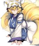  1girl absurdres animal_ears blonde_hair breasts dress fox_ears fox_tail frills hat highres large_breasts long_skirt mob_cap multiple_tails pigeoncrow pillow_hat skirt solo tabard tail touhou white_dress wide_sleeves yakumo_ran yellow_eyes 