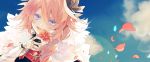  1boy black_bow bow braid fang fate/apocrypha fate/grand_order fate_(series) flower hair_ribbon highres male_focus multicolored_hair open_mouth petals pink_hair ribbon rider_of_black satsuki_(miicat) single_braid sky smile streaked_hair trap violet_eyes 