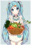  1girl apron ascot basket bell_pepper black_choker blue_eyes blue_hair blue_nails carrot carrot_hair_ornament character_name cowboy_shot flower food_themed_hair_ornament frilled_apron frills hair_flower hair_ornament hatsune_miku highres holding_basket lettuce long_hair looking_at_viewer nail_polish onion pepper simple_background smile solo tomato twintails umeno_(shio1205) very_long_hair vocaloid 