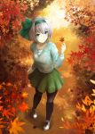  1girl alternate_costume autumn autumn_leaves black_legwear blue_eyes breasts contemporary contrapposto cross-laced_footwear dappled_sunlight day foreshortening forest from_above full_body green_ribbon green_skirt hair_ribbon holding holding_leaf jacket konpaku_youmu kz_nagomiya leaf long_sleeves looking_to_the_side maple_leaf nature outdoors pantyhose ribbon shadow shirt shoes short_hair silver_hair skirt small_breasts smile sneakers solo standing sunlight sweater_jacket touhou white_shirt 
