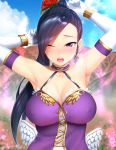  1girl ajifurai armpits arms_up bare_shoulders black_hair blush breasts cleavage clouds collarbone dragon_quest dragon_quest_xi dress elbow_gloves erect_nipples eyes_visible_through_hair fake_wings flower gloves hair_flower hair_ornament highres large_breasts lips long_hair martina_(dq11) mini_wings one_eye_closed open_mouth ponytail shiny shiny_hair sky solo sweat violet_eyes white_gloves wings 