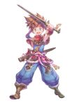  1boy boots bracer brown_hair fur_trim headband looking_at_viewer official_art open_mouth poncho randi scabbard seiken_densetsu seiken_densetsu_2 sheath simple_background sleeveless smile solo spiky_hair square_enix sword weapon white_background 