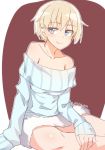  1girl aqua_dress bangs bare_shoulders blonde_hair blue_eyes blush brave_witches closed_mouth collarbone dress eyebrows_visible_through_hair feet_out_of_frame fur_trim hand_on_own_leg long_sleeves looking_to_the_side maroon_background nikka_edvardine_katajainen off_shoulder short_hair simple_background sitting smile solo tilt-shift twitter_username world_witches_series 