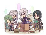  1girl black_hair blush cape chibi closed_eyes desk dual_persona facial_mark female_my_unit_(fire_emblem:_kakusei) fire_emblem fire_emblem:_kakusei fire_emblem:_souen_no_kiseki fire_emblem_heroes gloves green_hair headband hood innes long_hair male_focus male_my_unit_(fire_emblem:_kakusei) multiple_boys my_unit_(fire_emblem:_kakusei) open_mouth red_eyes short_hair smile soren summoner_(fire_emblem_heroes) twintails white_hair 