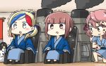  &gt;:d 3girls :d akashi_(kantai_collection) blonde_hair blush brown_eyes brown_hair commandant_teste_(kantai_collection) commentary_request dated failure_penguin green_eyes grey_eyes hamu_koutarou headband highres indoors kantai_collection massage_chair miss_cloud multicolored_hair multiple_girls open_mouth pink_hair redhead shaking short_hair sitting smile smoke smokestack sparkle streaked_hair white_hair wrench z3_max_schultz_(kantai_collection) 