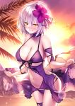  &gt;:) 1girl armband bikini blush breasts choker cleavage collarbone cowboy_shot fate/grand_order fate_(series) flower front-tie_bikini front-tie_top grin hair_between_eyes hair_flower hair_ornament hair_ribbon halterneck heirou jeanne_alter large_breasts leaning_forward leg_garter looking_at_viewer navel navel_cutout outdoors purple_bikini ribbon ruler_(fate/apocrypha) short_hair skindentation smile solo string_bikini sunset swimsuit white_hair yellow_eyes 