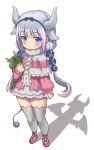  1girl :/ arm_at_side beads blue_hair blush capelet clenched_hand closed_mouth dragon_horns dragon_tail eyebrows_visible_through_hair full_body gradient_hair hair_beads hair_ornament hairband highres holding holding_stuffed_animal horns kanna_kamui kanna_kamui_(dragon)_(maidragon) kobayashi-san_chi_no_maidragon lavender_hair looking_at_viewer low_twintails multicolored_hair piano-alice pink_shoes shoes silhouette solo standing stuffed_animal stuffed_dragon stuffed_toy tail thigh-highs twintails white_background white_legwear 