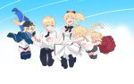  1boy 4girls ahoge artoria_pendragon_(all) baseball_cap blonde_hair bloomers bow braid child closed_eyes dress fate/apocrypha fate/extra fate/prototype fate/unlimited_codes fate_(series) green_eyes gym_uniform hair_bow hand_holding hat highres hug jacket jumping long_hair looking_at_viewer multiple_girls mysterious_heroine_x necktie ponytail rojiura_satsuki:_chapter_heroine_sanctuary ruler_(fate/apocrypha) saber_(fate/prototype) saber_extra saber_lily seseragi_azuma shirt single_braid sleeveless sleeveless_dress sleeveless_shirt smile thigh-highs track_jacket underwear wavy_mouth white_dress younger 
