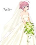  1girl aoba_(kantai_collection) blue_eyes bouquet bridal_veil dress flower kantai_collection pink_hair ponytail short_hair short_ponytail simple_background smile solo strapless strapless_dress twitter_username veil wedding_dress white_background white_dress yamashiki_(orca_buteo) 