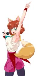  1girl animal_ears arm_up ascot bangs black_legwear breasts cowboy_shot eyebrows_visible_through_hair fox_ears fox_tail from_behind green_ascot green_eyes highres holding koto_(yuu_yuu_hakusho) looking_at_viewer looking_back medium_breasts microphone open_mouth orange_hair pantyhose_under_shorts pink_shorts pointing pointing_up senzoc shirt short_hair shorts simple_background sleeveless sleeveless_shirt smile solo standing tail whiskers white_background white_shirt wristband yuu_yuu_hakusho 